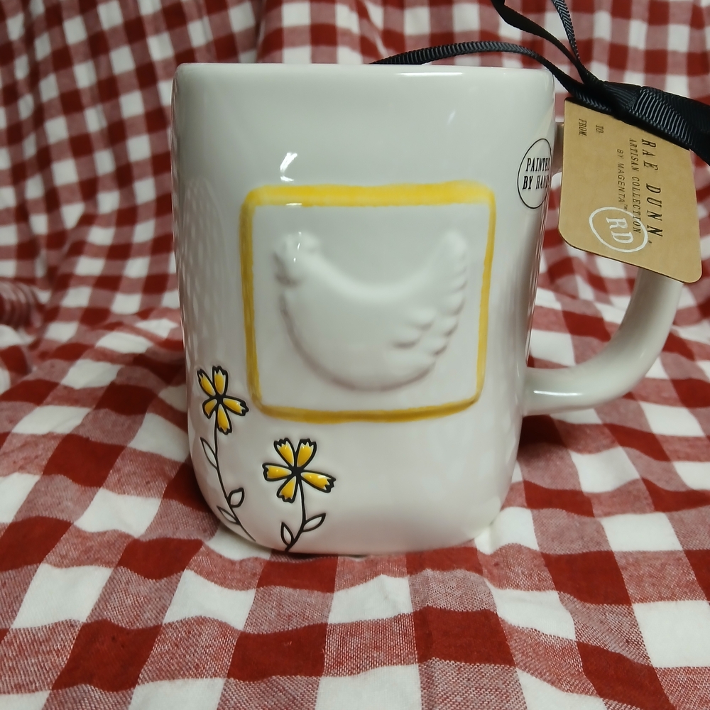 Rae Dunn FARM GIRL White Ceramic Mug with Yellow Floral & Chicken Relief
